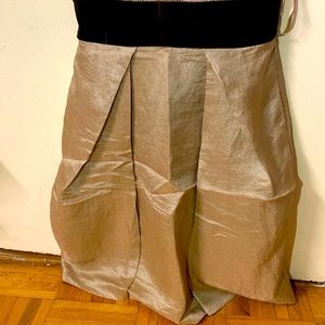 strapless gold dress with dark brown velvet belt